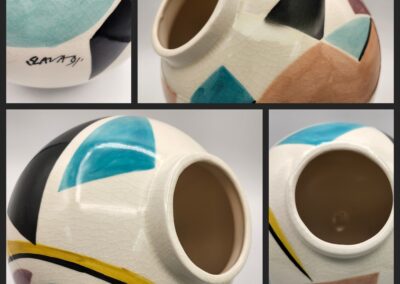 Close-up views of a modern ceramic vase with colorful geometric patterns.
