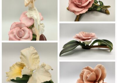Collection of delicate porcelain flowers and figurines in soft pastel colors.