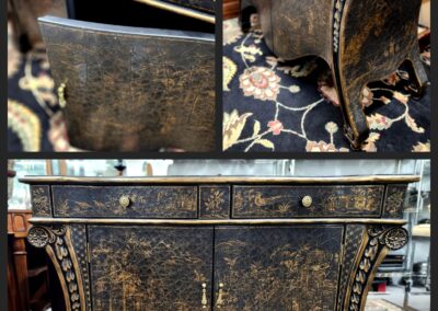 Antique wooden chest with ornate metal details and curved legs.