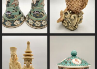 Various intricate ceramic and pottery art pieces displayed in a collage.