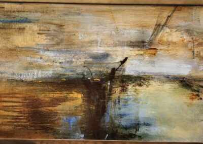 Abstract painting with earthy tones and dynamic brushstrokes.