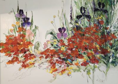 A vibrant watercolor painting of flowers in red, purple, and green hues.