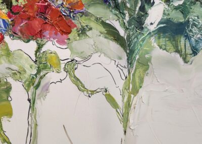 Abstract floral painting with vibrant reds, greens, and blues.