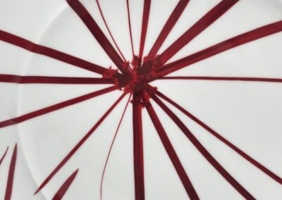 White plate with red abstract lines.