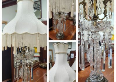 Vintage lamp with fringe and crystal accents.