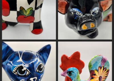 Colorful ceramic animal figurines in a collage.