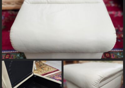 White ottoman with storage on colorful rug.