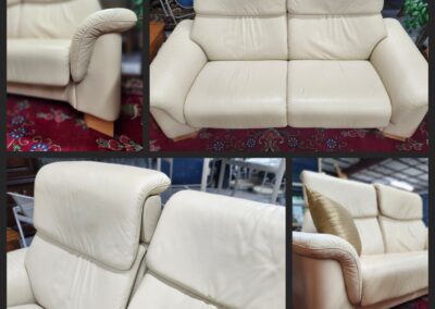 Collage of beige leather sofas.