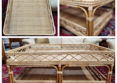 Wicker coffee table on patterned rug.