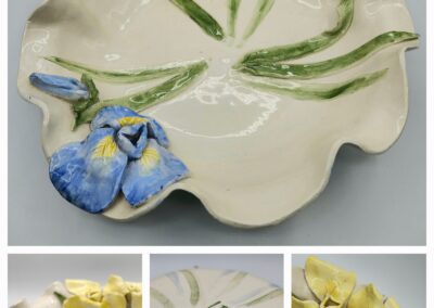 Ceramic plate with blue and yellow flowers.