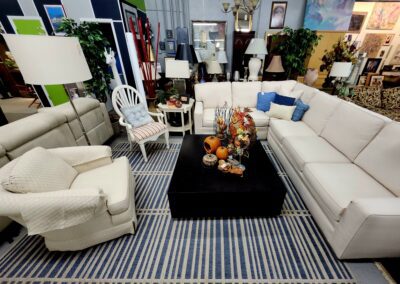 Living room furniture set with decorations.