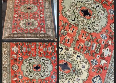 Vintage patterned rugs with red and beige designs.