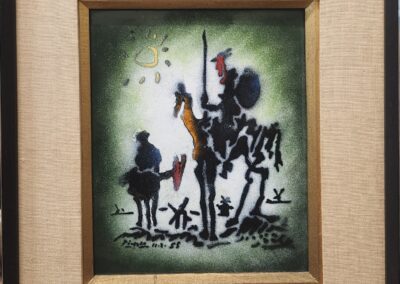 Abstract painting of two riders under sun.