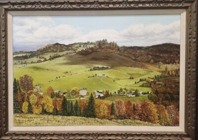 Painting of a rural landscape with hills.