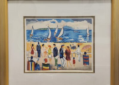 Painting of people and sailboats at beach.
