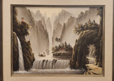 Mountain landscape with waterfalls and boats painting.