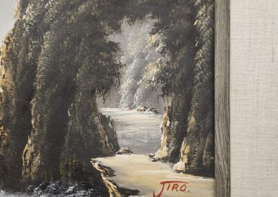 Painting of a rocky coastal landscape.