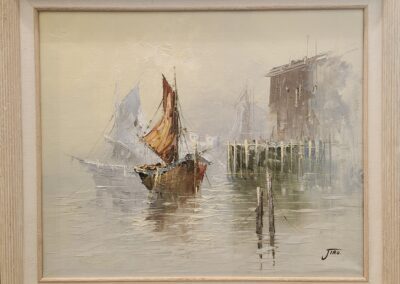 Sailboats on a misty harbor painting.