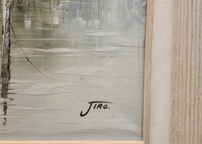 Painting with water reflection, artist signature visible.