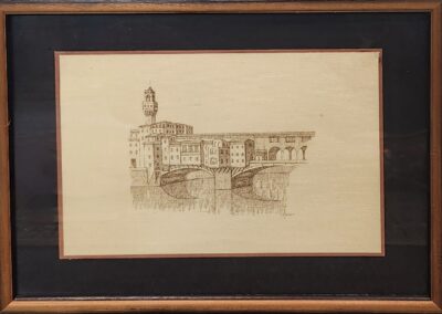 Framed sketch of a historic bridge.