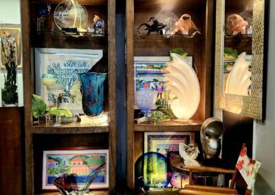 Decorative art display with various colorful items.