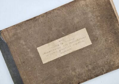 Old book with label on brown cover.