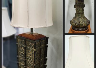 Decorative lamps with intricate designs displayed.