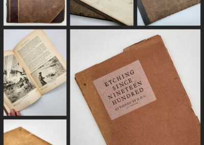 Collection of vintage books and etching images.