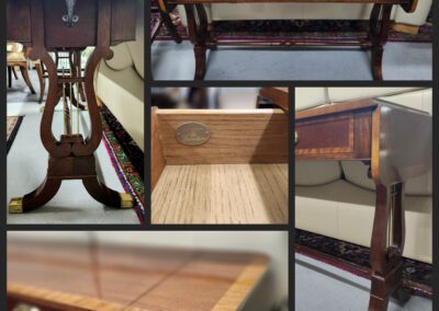 Vintage wooden table with brass accents, collage.