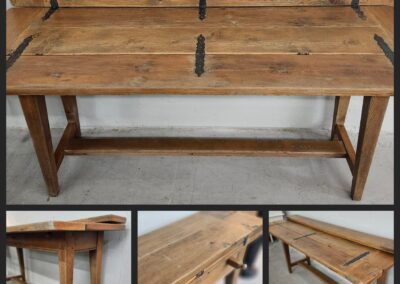 Rustic wooden bench with metal accents.