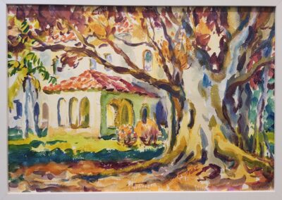 Colorful painting of house and trees.