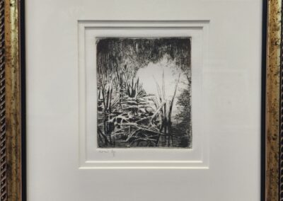 Framed black-and-white nature artwork print.