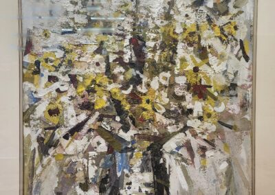 Abstract painting of a floral arrangement.