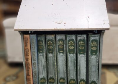Books in a wooden house-shaped shelf.