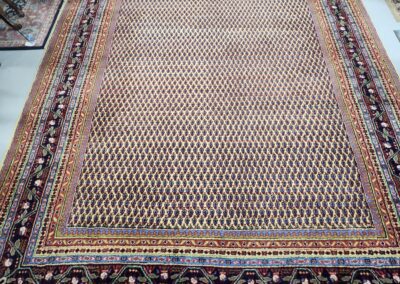 Intricate patterned rug with colorful borders.