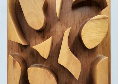 Abstract wooden relief sculpture with curved shapes.