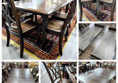 Dark wood dining table and chairs set.