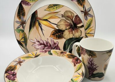 Floral-patterned dinnerware set with plate and mug.