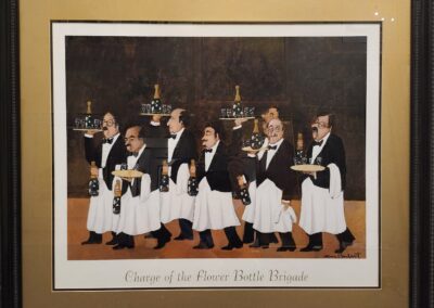 Waiters carrying champagne bottles and glasses illustration.