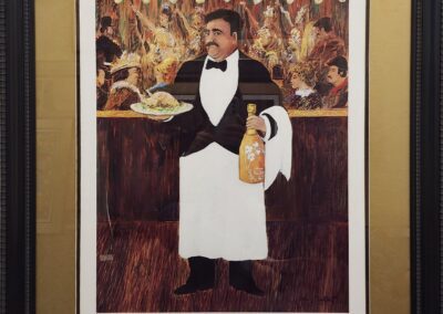 Waiter with wine and food painting.
