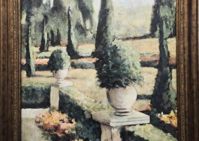 Landscape painting of a garden with trees.
