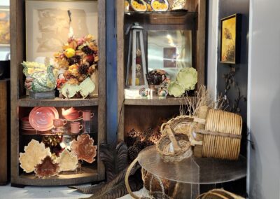 Decorative shelves with baskets and ornaments.