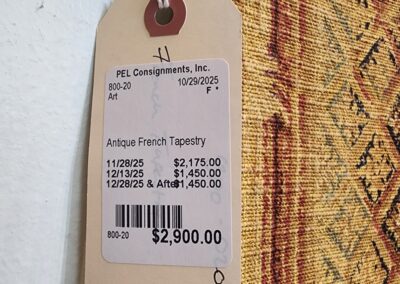 Price tag on antique French tapestry.