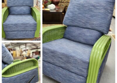 Blue recliner with green wicker accents.