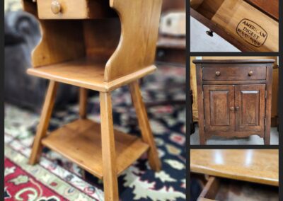 Wooden furniture collage with drawers and shelves.