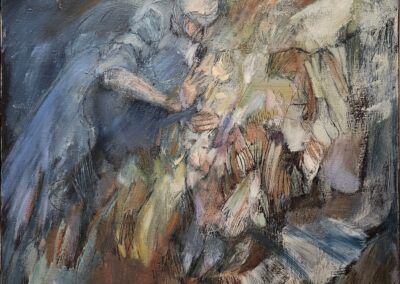 Abstract painting with swirling, blended colors.