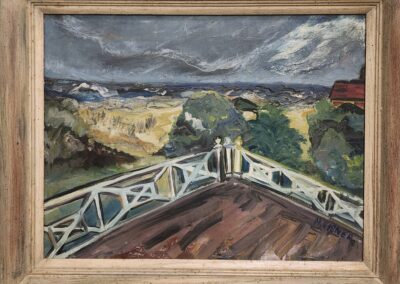Painting of a scenic landscape with railing.