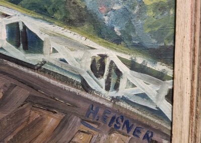 Painting with bridge and trees, signed H. Eisner.