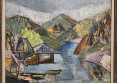 Colorful abstract landscape with mountains and river.