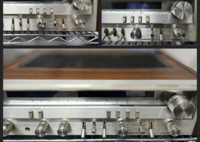 Vintage stereo receiver with wood and metal design.